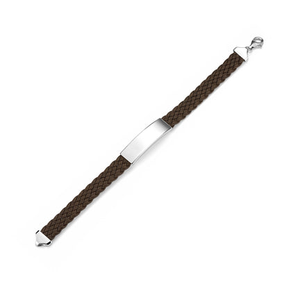 Sterling Silver 925 Men's ID Bracelet - 6-Strand Flat Braided Eco-Friendly Synthetic Leather Band - Engravable