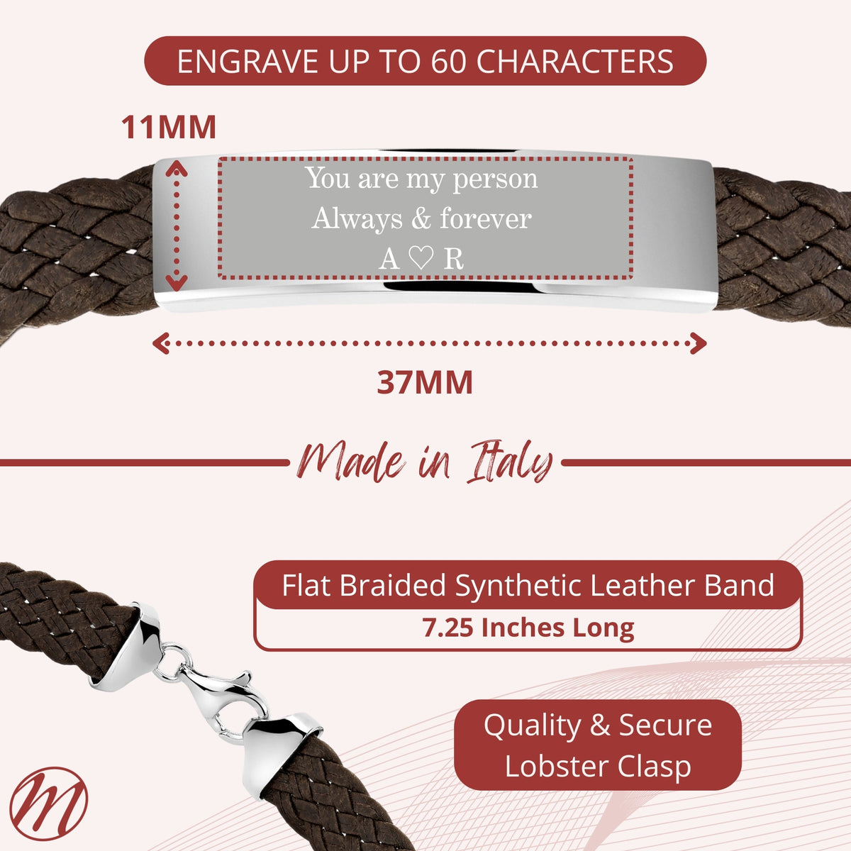 Sterling Silver 925 Men's ID Bracelet - 6-Strand Flat Braided Eco-Friendly Synthetic Leather Band - Engravable