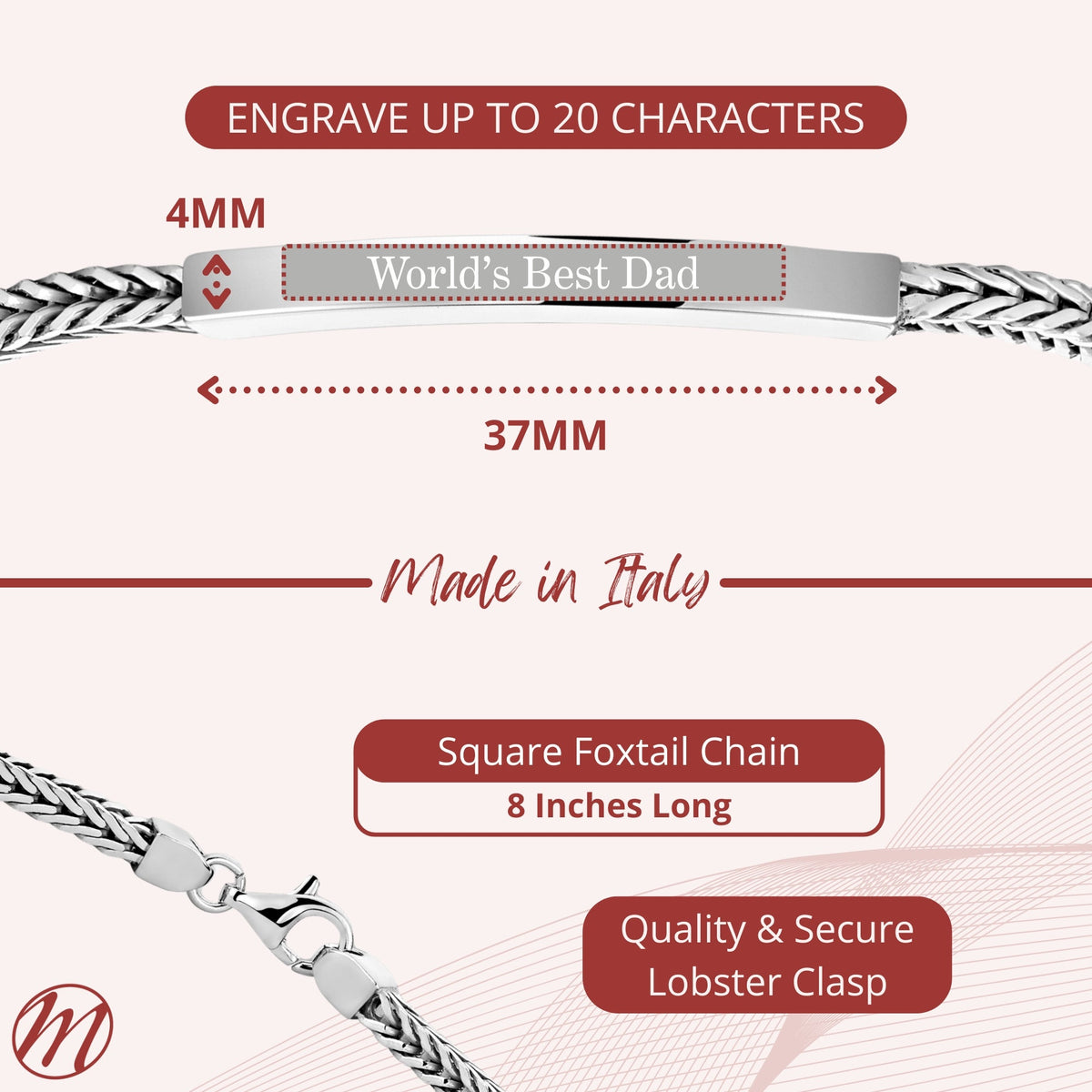 Sterling Silver 925 Men's ID Bracelet - Square Foxtail Chain with Square Engravable Plate