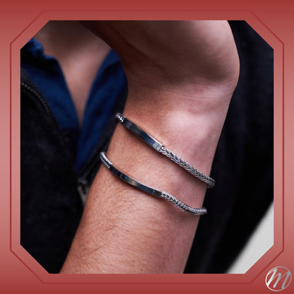 Sterling Silver 925 Men's ID Bracelet - Square Foxtail Chain with Square Engravable Plate