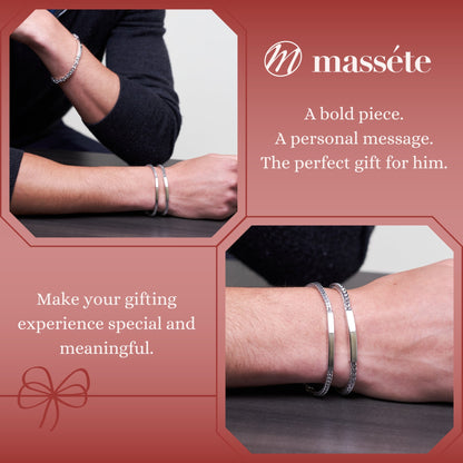 Sterling Silver 925 Men's ID Bracelet - Square Foxtail Chain with Square Engravable Plate