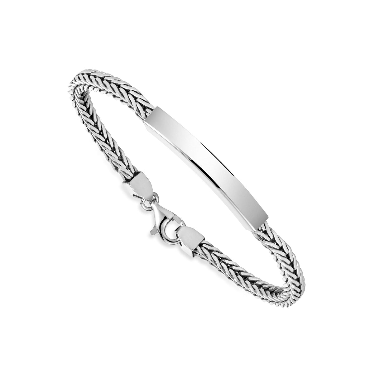 Sterling Silver 925 Men's ID Bracelet - Square Foxtail Chain with Square Engravable Plate