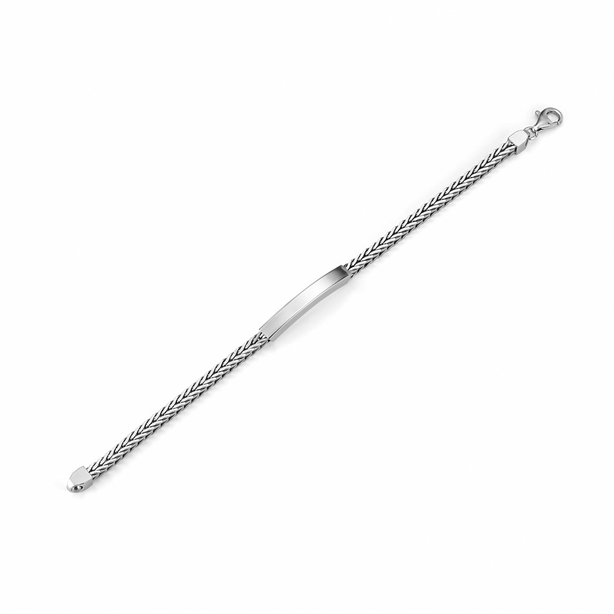 Sterling Silver 925 Men's ID Bracelet - Square Foxtail Chain with Square Engravable Plate
