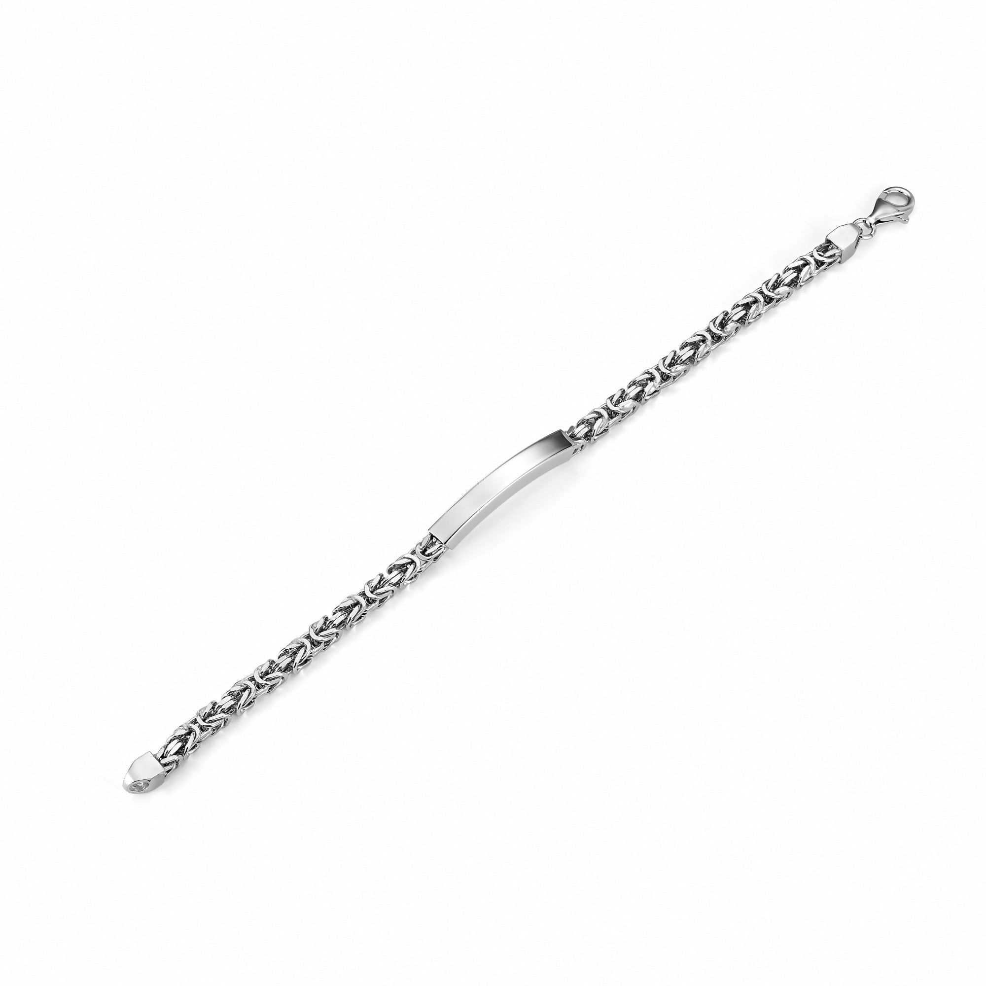 Sterling Silver 925 Men's ID Bracelet - Square Byzantine Chain with Square Engravable Plate