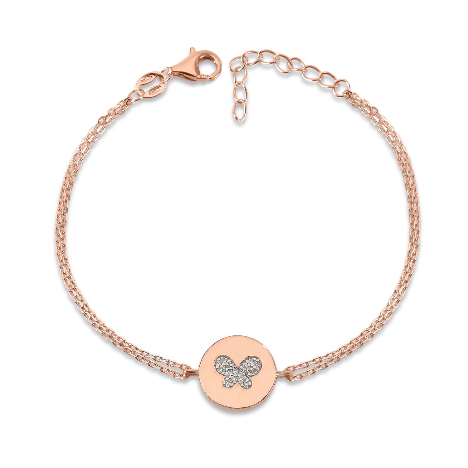 MASSETE Sterling Silver 925 Gold Plated CZ Round Disc Double Chain Bracelet 7"