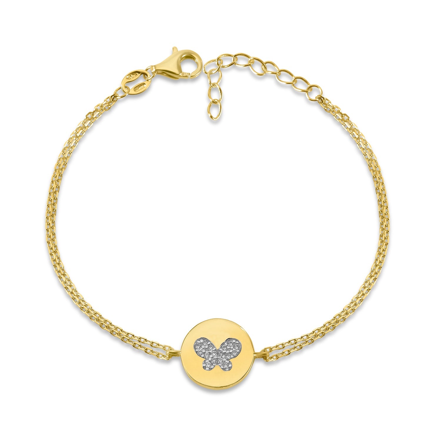 MASSETE Sterling Silver 925 Gold Plated CZ Round Disc Double Chain Bracelet 7"