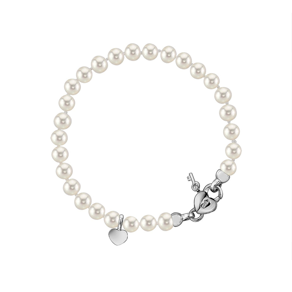 White Round Freshwater Cultured Pearl Bracelet for Girls 5mm Sterling Silver Heart Shape Key Lock Charm Clasp 6.5"