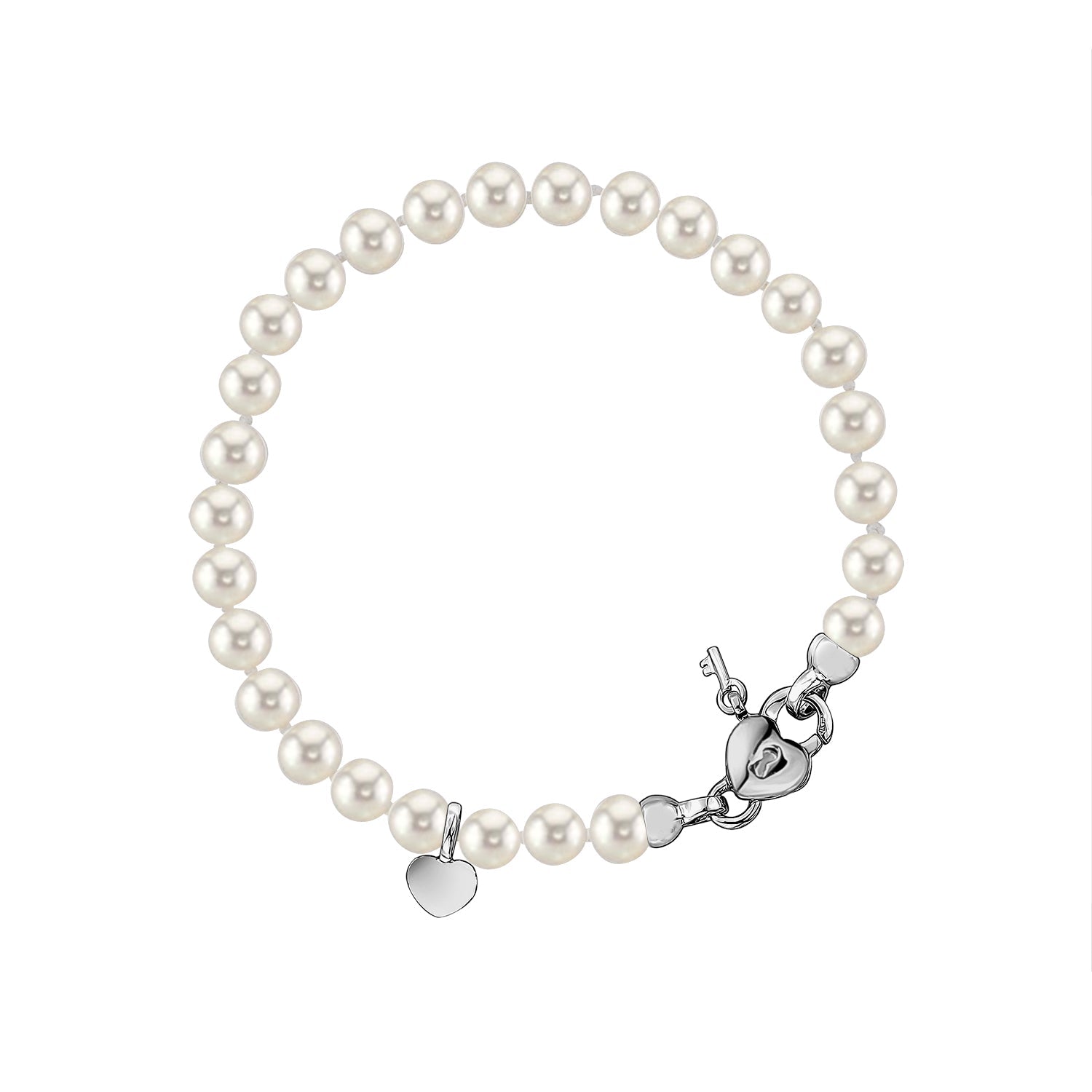White Round Freshwater Cultured Pearl Bracelet for Girls 5mm Sterling Silver Heart Shape Key Lock Charm Clasp 6.5"
