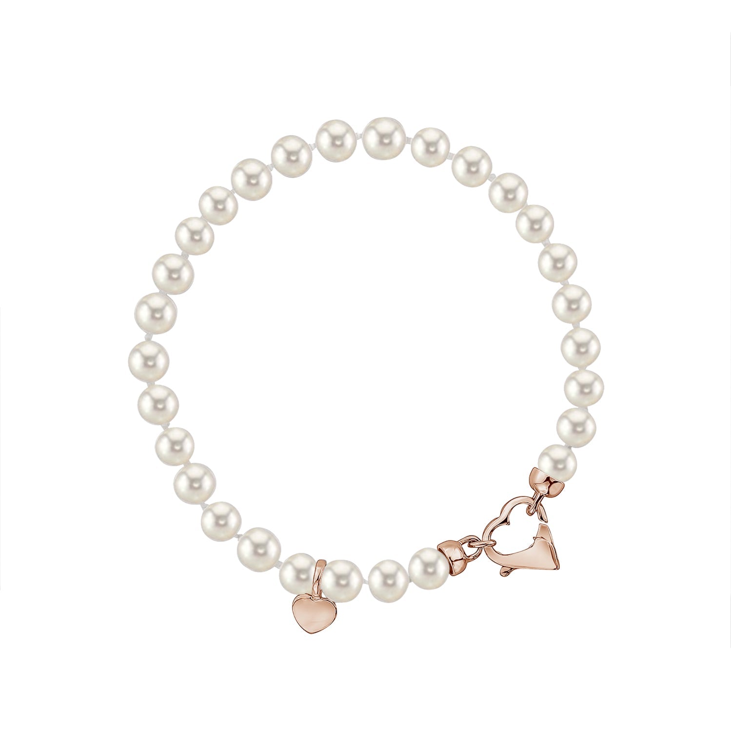 White Round Freshwater Cultured Pearl Bracelet for Girls 5mm Sterling Silver Heart Clasp and Charm 6.5"