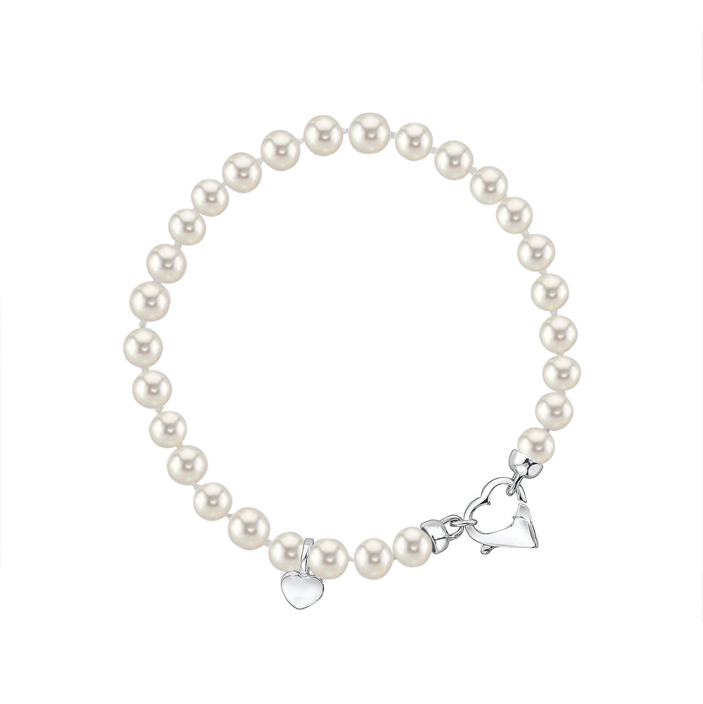 White Round Freshwater Cultured Pearl Bracelet for Girls 5mm Sterling Silver Heart Clasp and Charm 6.5"