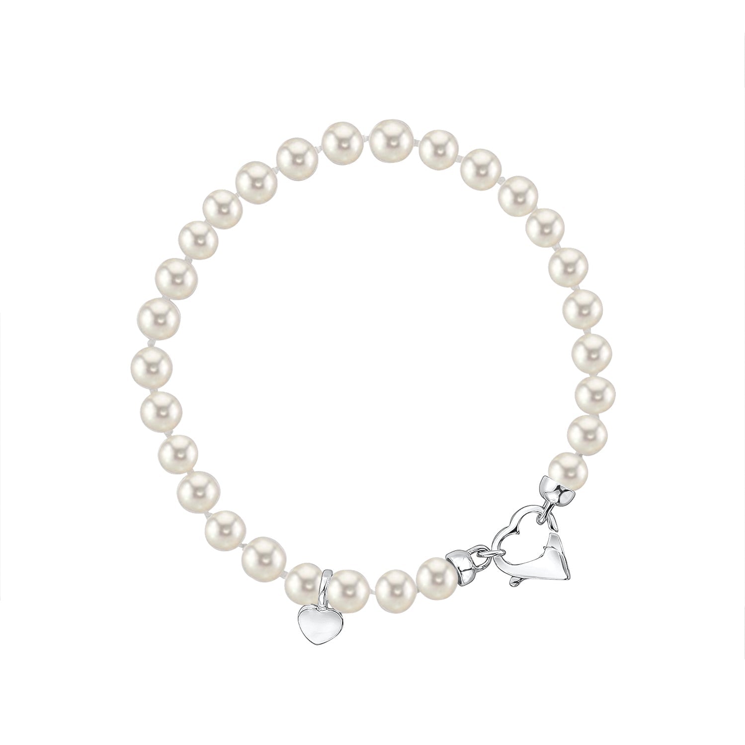 White Round Freshwater Cultured Pearl Bracelet for Girls 5mm Sterling Silver Heart Clasp and Charm 6.5"