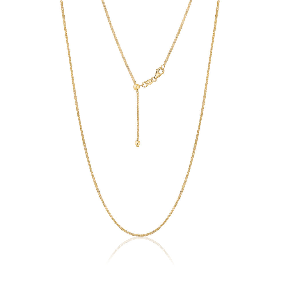 14K Solid Yellow Gold Wheat Chain Necklace Braided Adjustable Length Slider for Men and Women Made in Italy - Width 1mm Length 22"