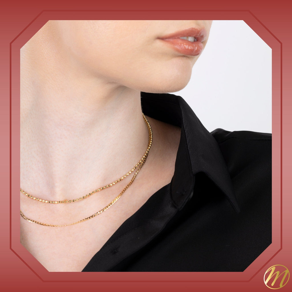 14K Solid Yellow Gold Beaded Chain Necklace Hexagon for Women and Girls Made in Italy - Width 2mm