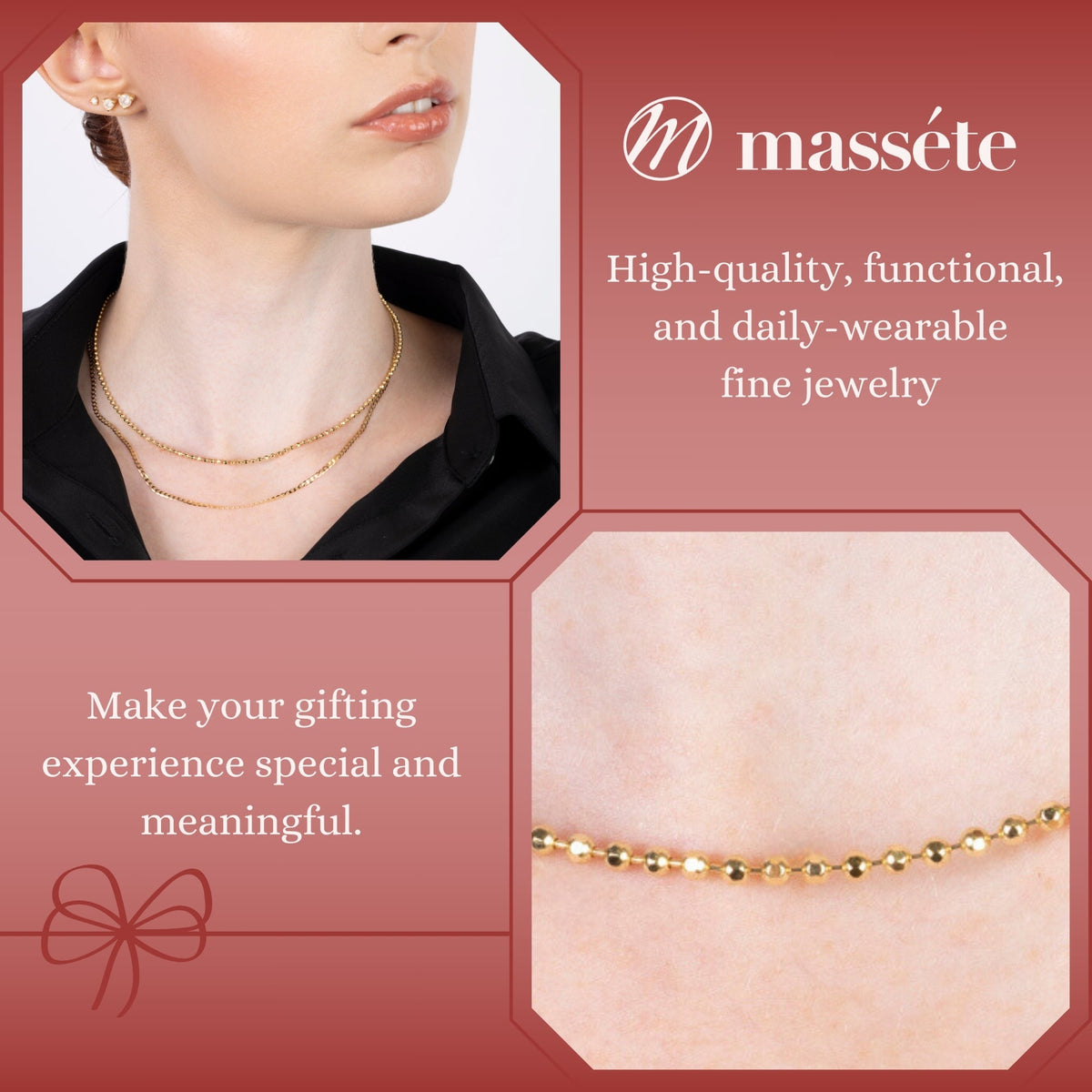 14K Solid Yellow Gold Beaded Chain Necklace Hexagon for Women and Girls Made in Italy - Width 2mm