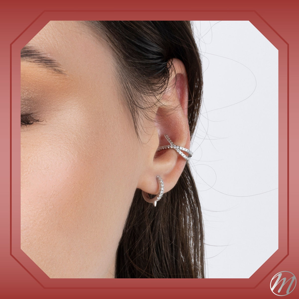 Sterling Silver Faux Conch Hoop Earrings Criss Cross with Simulated Diamonds Cartilage Ear Cuff for Non Pierced Ears