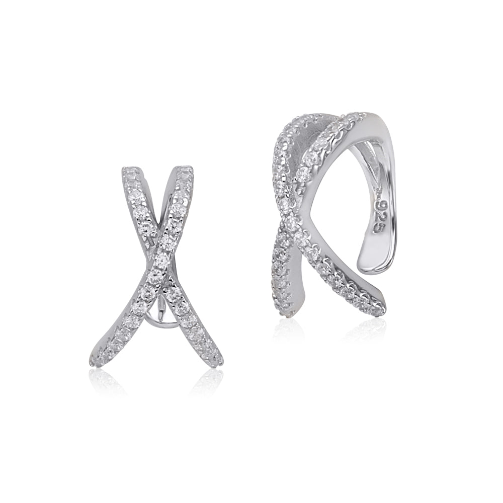 Sterling Silver Faux Conch Hoop Earrings Criss Cross with Simulated Diamonds Cartilage Ear Cuff for Non Pierced Ears