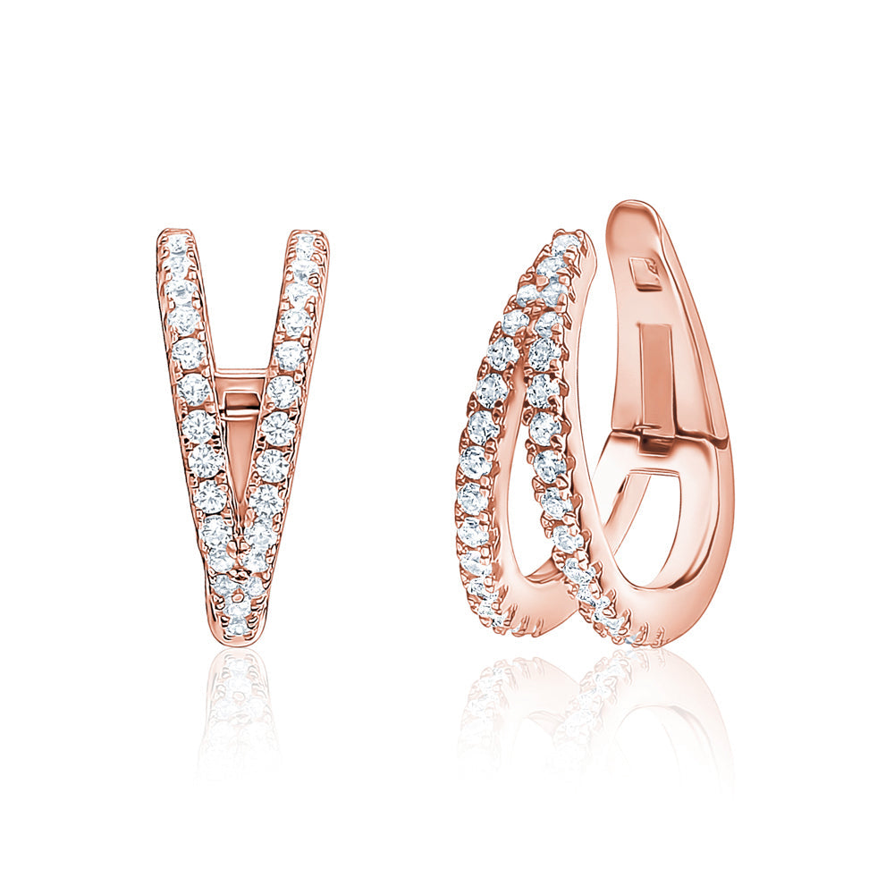 Sterling Silver Double Conch Huggie Hoop Earrings Tapered Double Row Simulated Diamonds Cartilage Ear Cuff for Non Pierced Ears Hinged