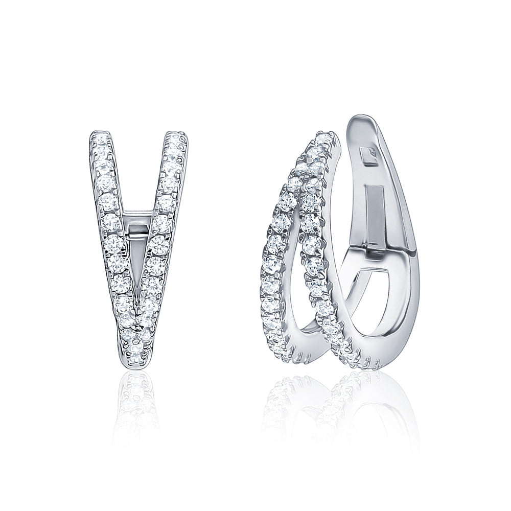 Sterling Silver Double Conch Huggie Hoop Earrings Tapered Double Row Simulated Diamonds Cartilage Ear Cuff for Non Pierced Ears Hinged