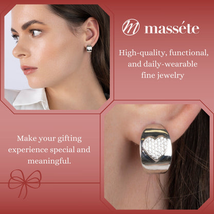 Sterling Silver Wide Hoop Huggie Earrings Simulated Diamonds Heart Polished Shiny French Clip