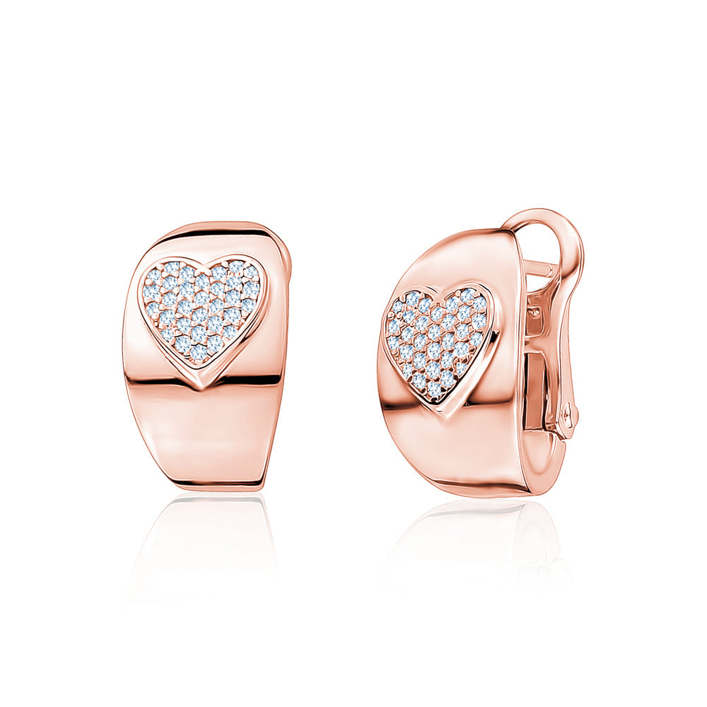 Sterling Silver Wide Hoop Huggie Earrings Simulated Diamonds Heart Polished Shiny French Clip