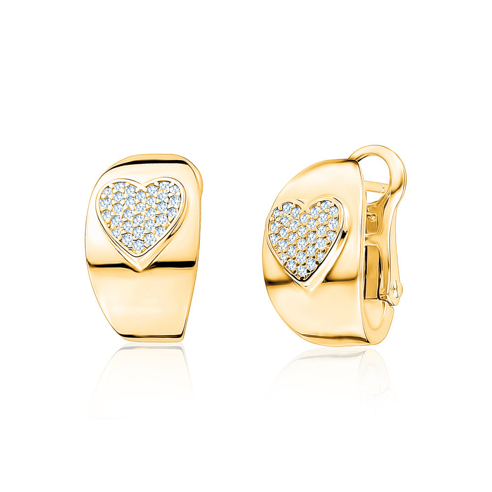 Sterling Silver Wide Hoop Huggie Earrings Simulated Diamonds Heart Polished Shiny French Clip
