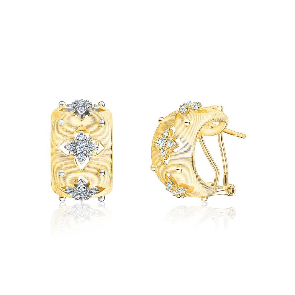 Sterling Silver Wide Hoop Earrings Simulated Diamonds Yellow Gold Plated Satin Designer Inspired French Clip