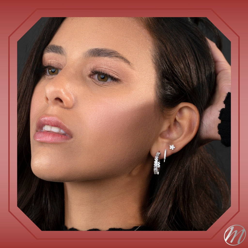Sterling Silver Hoop Earrings Simulated Diamond baguettes Butterfly Post 24mm