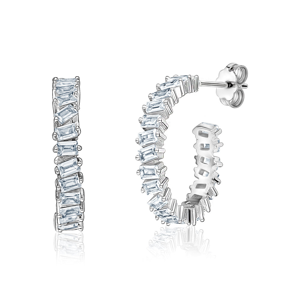 Sterling Silver Hoop Earrings Simulated Diamond baguettes Butterfly Post 24mm