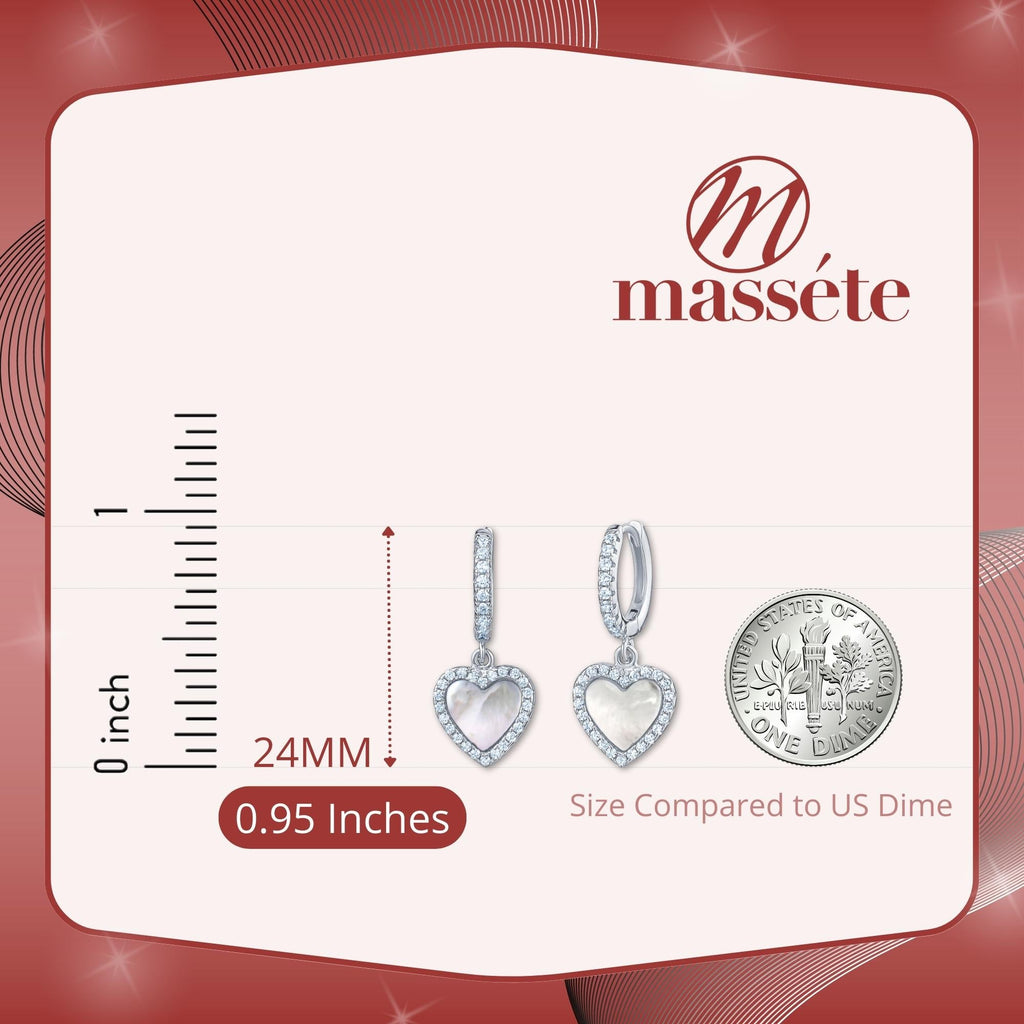 Sterling Silver Heart Dangle Earrings Mother of Pearl Simulated Diamonds Outline for Girls