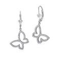 Sterling Silver 925 Pave CZ Large Butterfly Outline Leverback Earrings Dangle