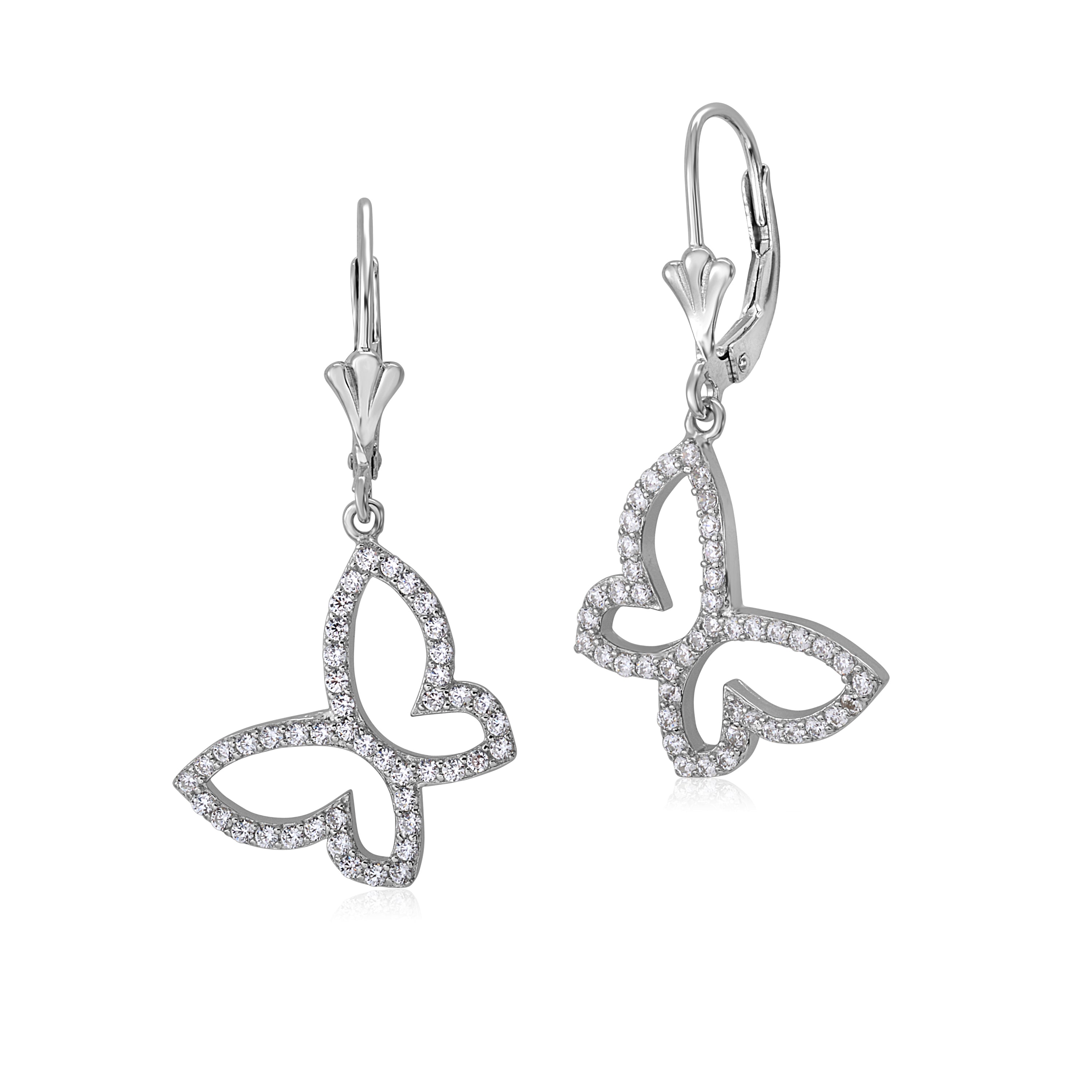 Sterling Silver 925 Pave CZ Large Butterfly Outline Leverback Earrings Dangle