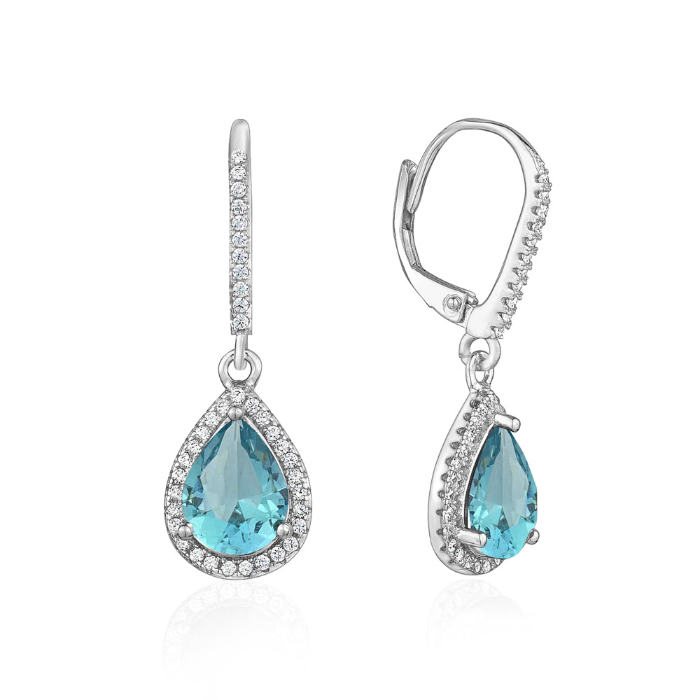 Sterling Silver 925 Simulated Diamond Fancy Leverback Earrings Dangle Pear Cut Halo