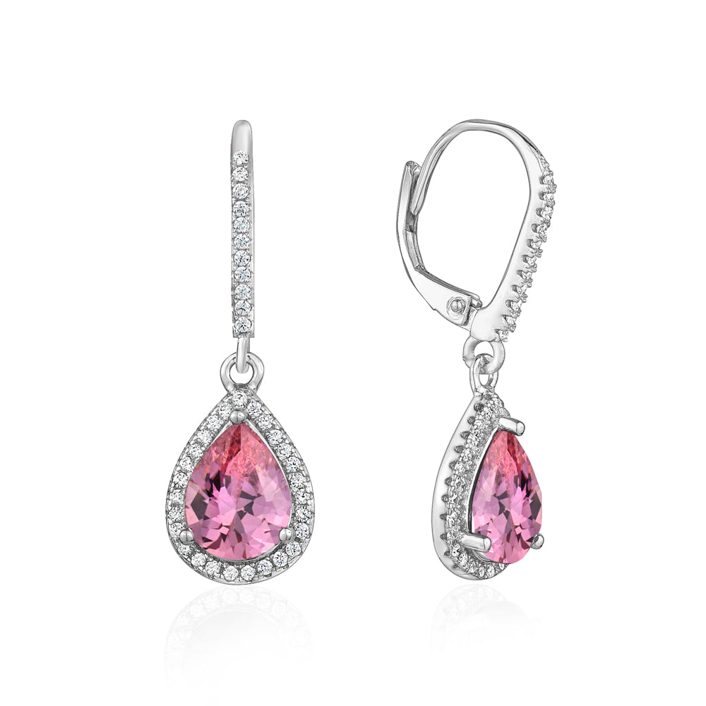 Sterling Silver 925 Simulated Diamond Fancy Leverback Earrings Dangle Pear Cut Halo