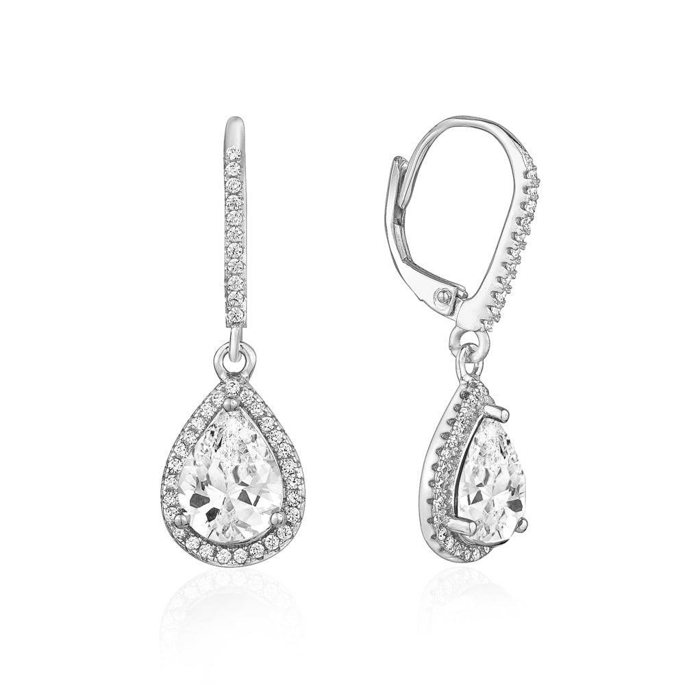Sterling Silver 925 Simulated Diamond Fancy Leverback Earrings Dangle Pear Cut Halo