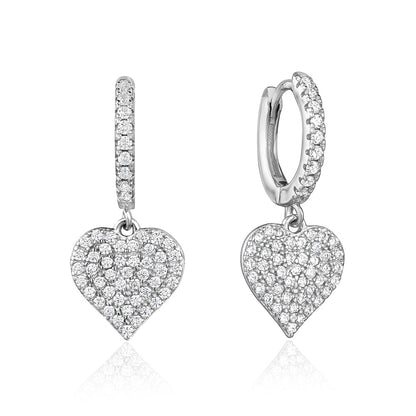 Sterling Silver Earrings for Girls Heart on Hoop with Sparkly Pave Set Simulated Diamonds