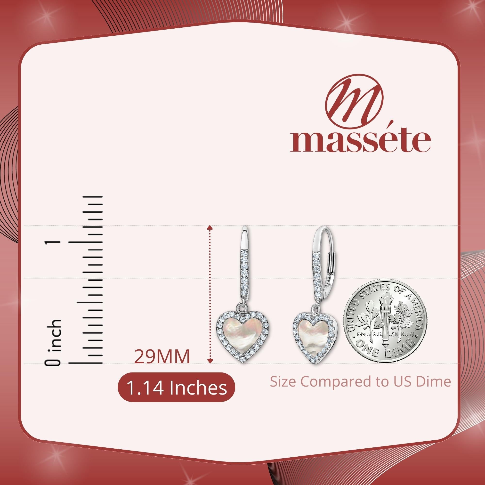 Sterling Silver Heart Dangle Earrings Leverback Mother of Pearl Simulated Diamonds Outline for Girls