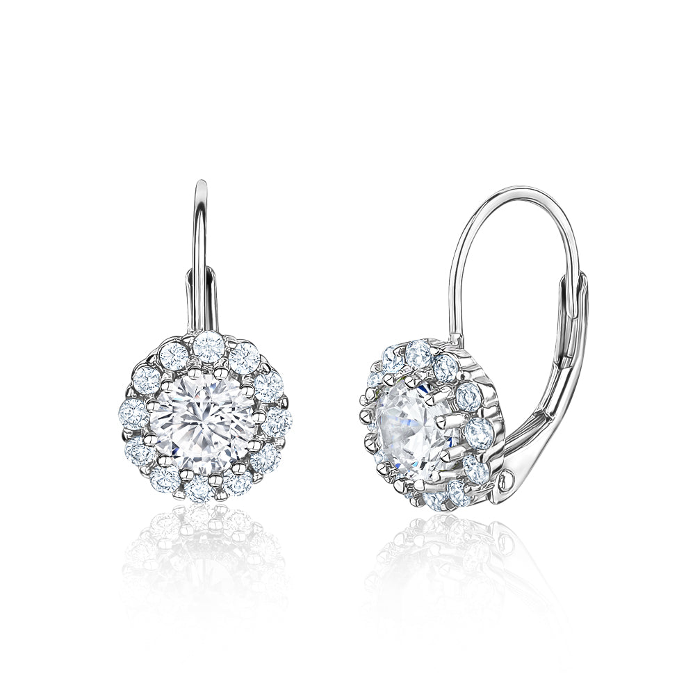 Sterling Silver Halo Leverback Earrings for Women and Girls Brilliant Simulated Birthstones | Choose From 12 Colors