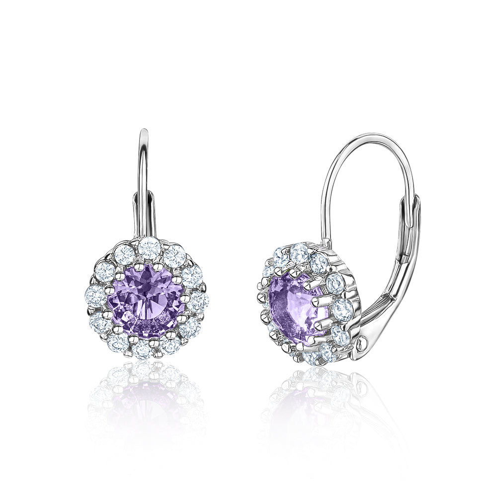 Sterling Silver Halo Leverback Earrings for Women and Girls Brilliant Simulated Birthstones | Choose From 12 Colors