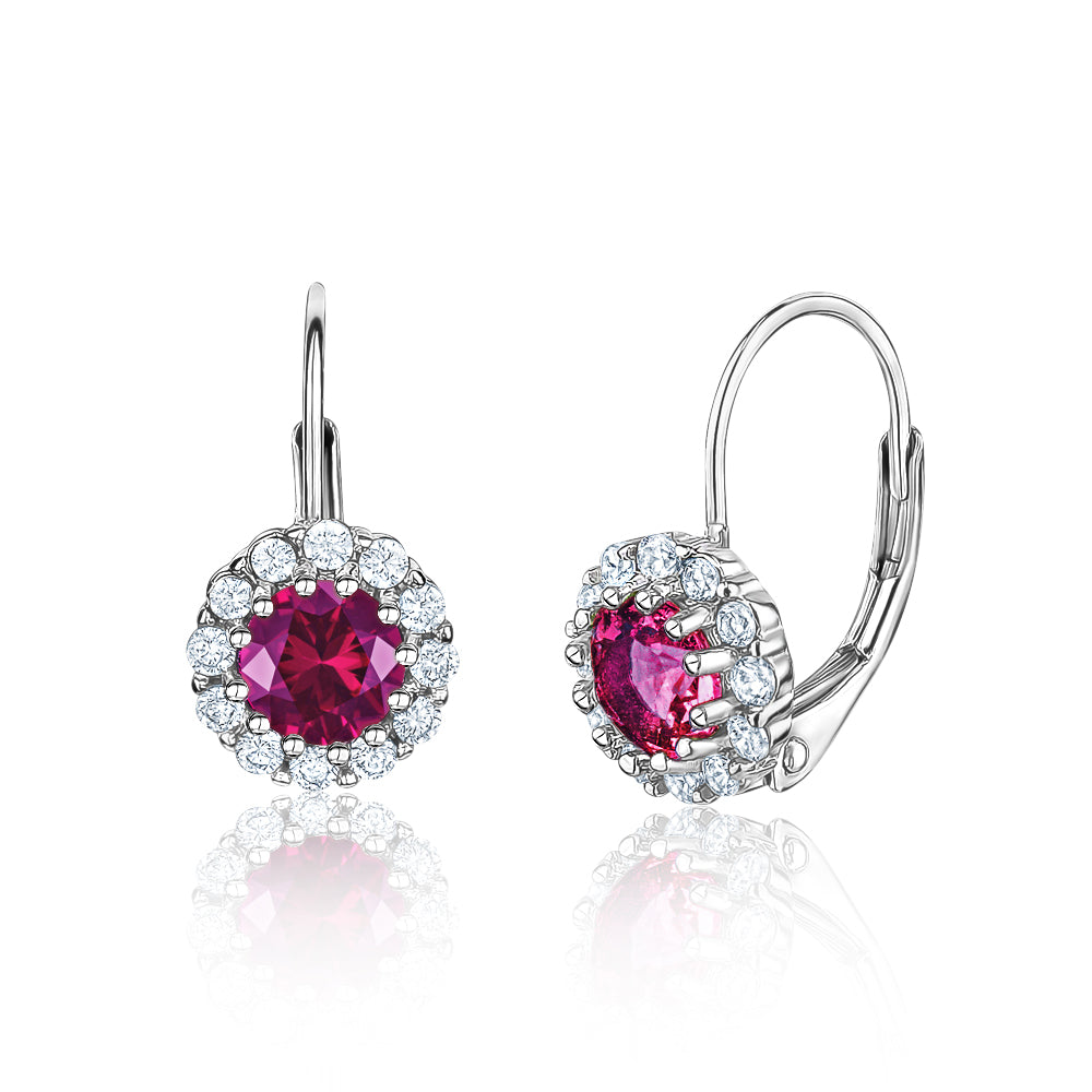 Sterling Silver Halo Leverback Earrings for Women and Girls Brilliant Simulated Birthstones | Choose From 12 Colors