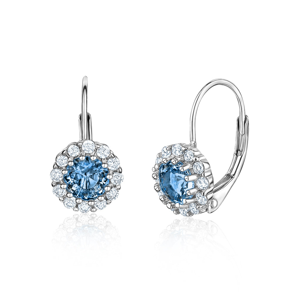 Sterling Silver Halo Leverback Earrings for Women and Girls Brilliant Simulated Birthstones | Choose From 12 Colors