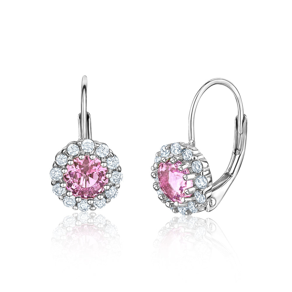 Sterling Silver Halo Leverback Earrings for Women and Girls Brilliant Simulated Birthstones | Choose From 12 Colors