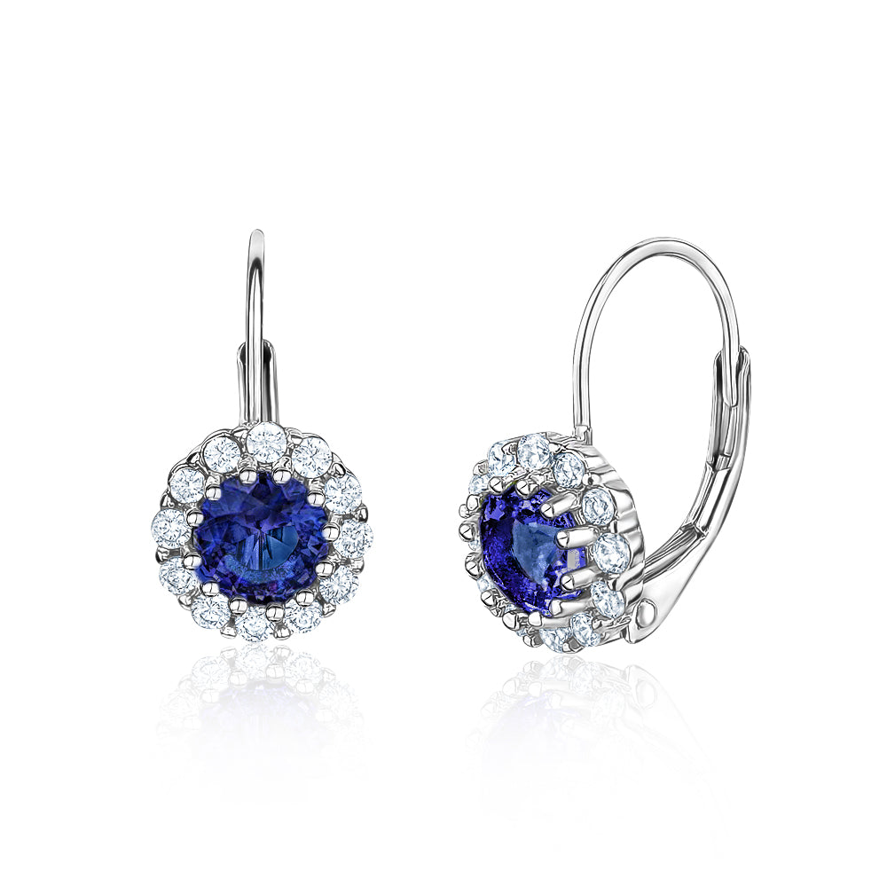 Sterling Silver Halo Leverback Earrings for Women and Girls Brilliant Simulated Birthstones | Choose From 12 Colors