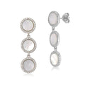 Sterling Silver CZ Mother of Pearl Triple Round Disc Long Dangle Post Earrings