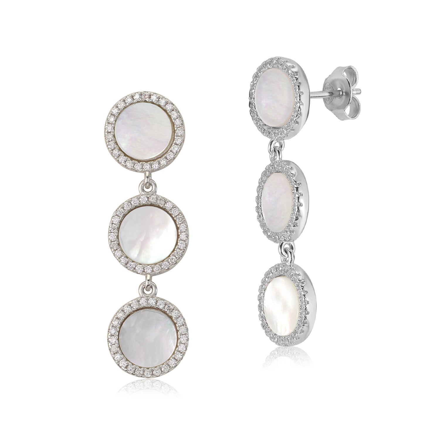Sterling Silver CZ Mother of Pearl Triple Round Disc Long Dangle Post Earrings