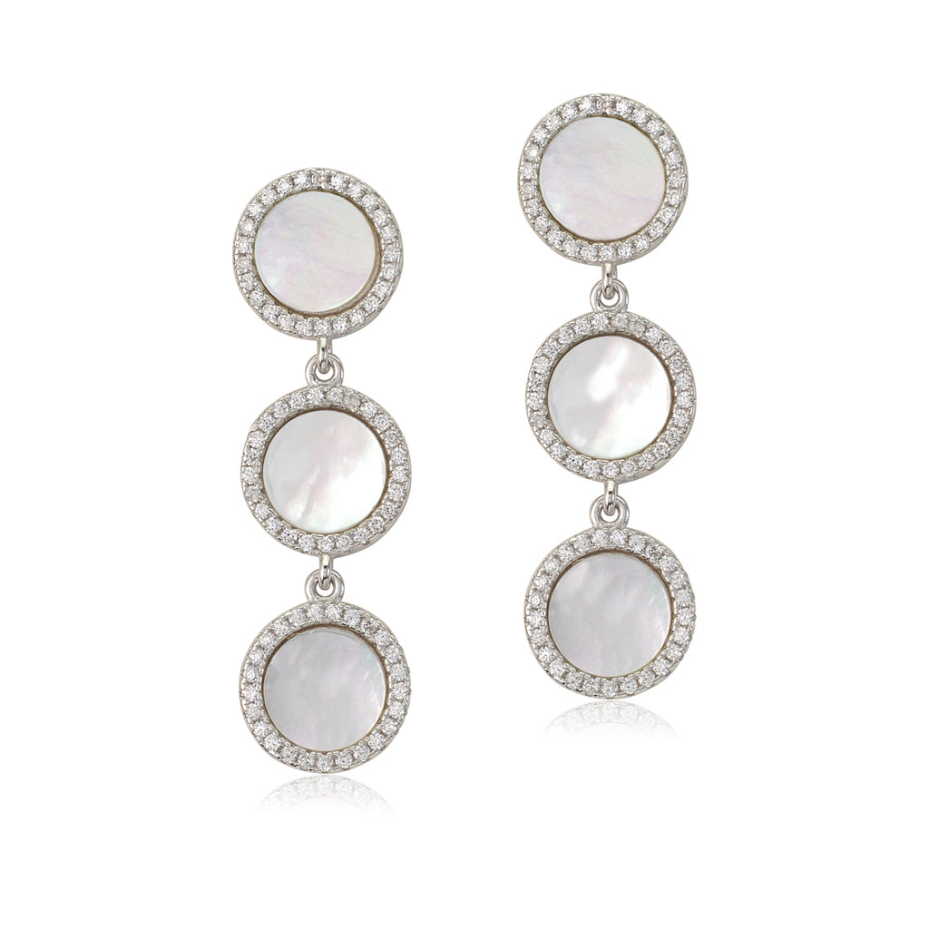 Sterling Silver CZ Mother of Pearl Triple Round Disc Long Dangle Post Earrings