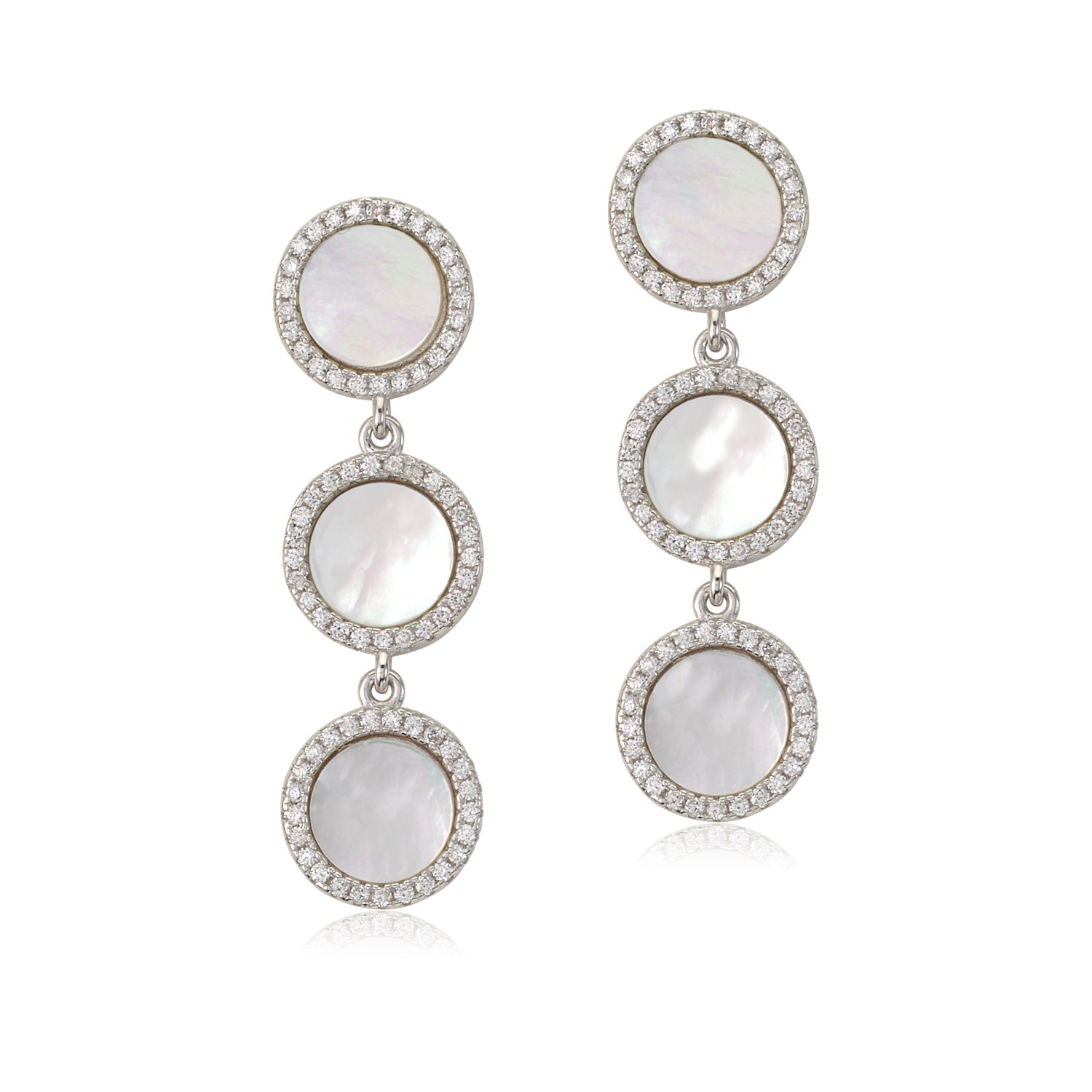 Sterling Silver CZ Mother of Pearl Triple Round Disc Long Dangle Post Earrings