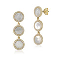 Sterling Silver Yellow Gold Plated CZ Mother of Pearl Triple Round Disc Long Dangle Post Earrings