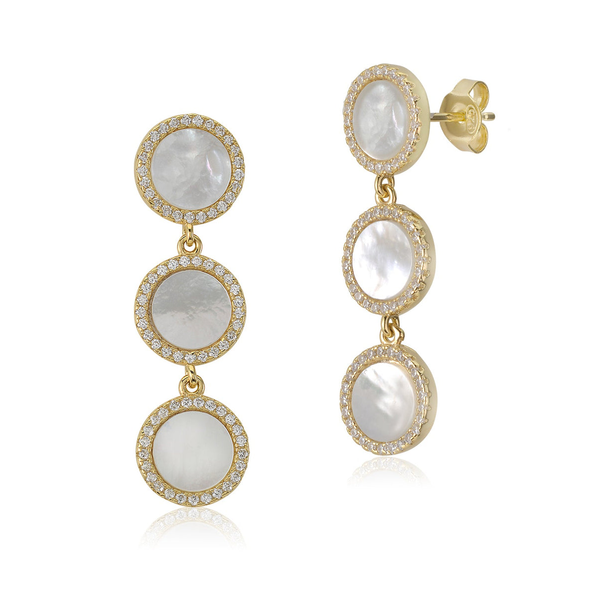 Sterling Silver Yellow Gold Plated CZ Mother of Pearl Triple Round Disc Long Dangle Post Earrings