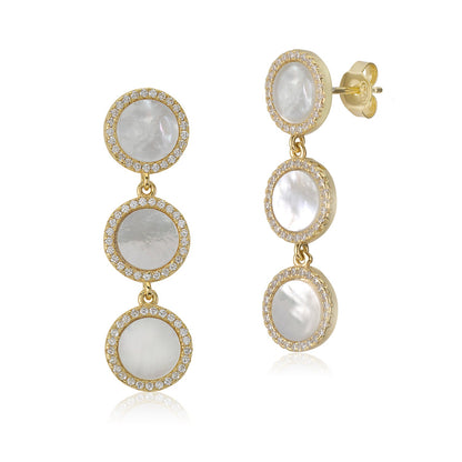 Sterling Silver Yellow Gold Plated CZ Mother of Pearl Triple Round Disc Long Dangle Post Earrings
