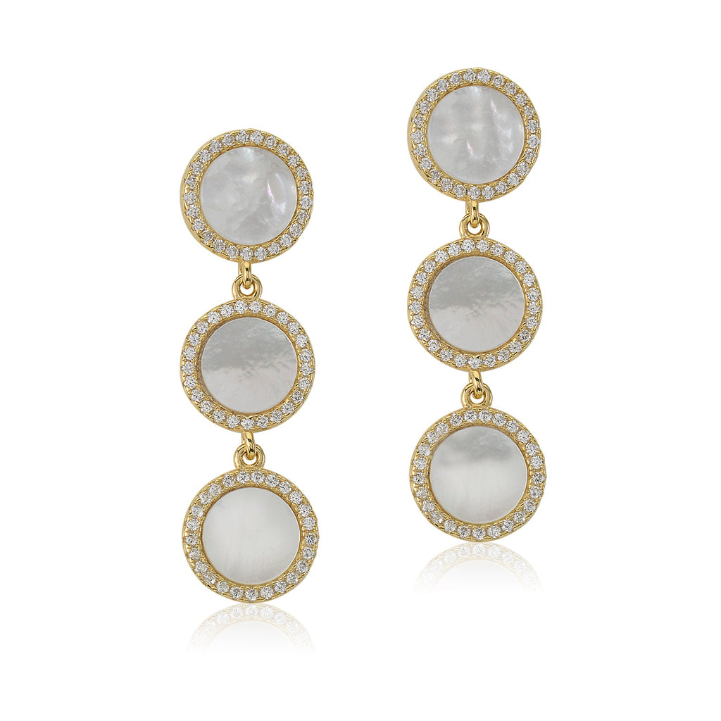 Sterling Silver Yellow Gold Plated CZ Mother of Pearl Triple Round Disc Long Dangle Post Earrings